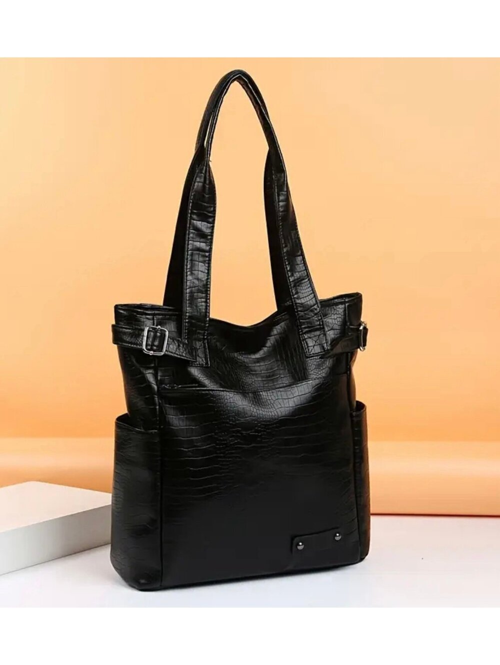 New -Gorgeous -Retro Inspired Crocodile Pattern Faux Leather Tote -Black